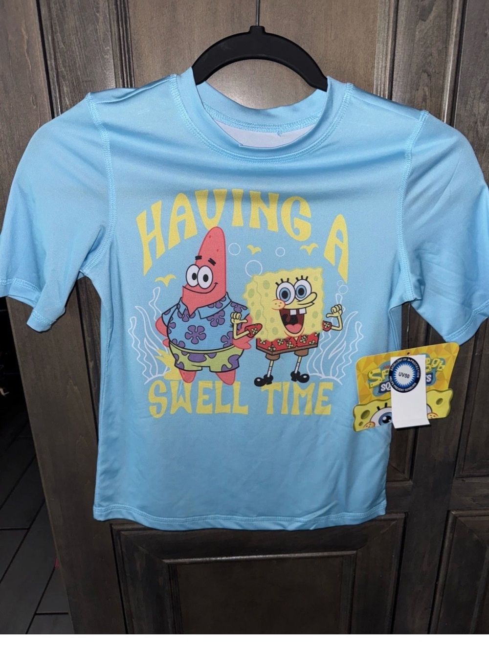 SpongeBob Squarepants Light Blue Boys Swim Shirt with Yellow Graphic